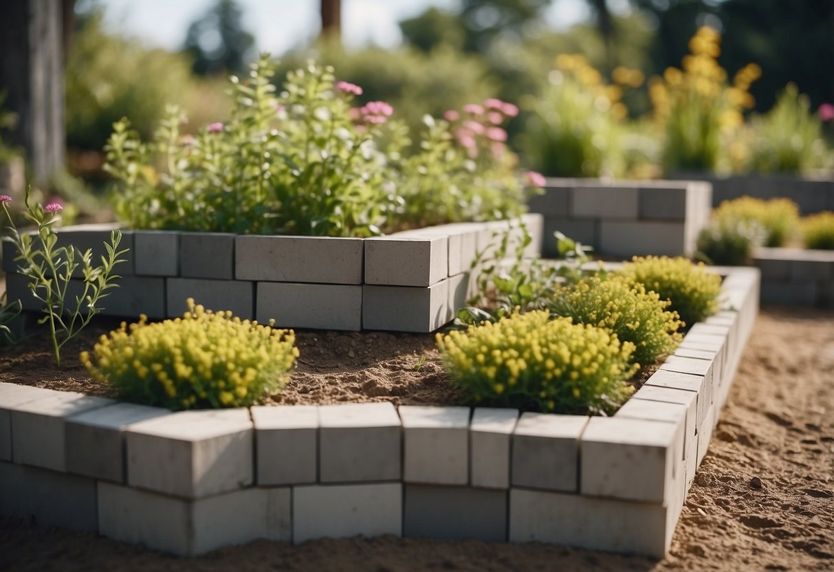 A geometric block bed garden with raised cinder blocks