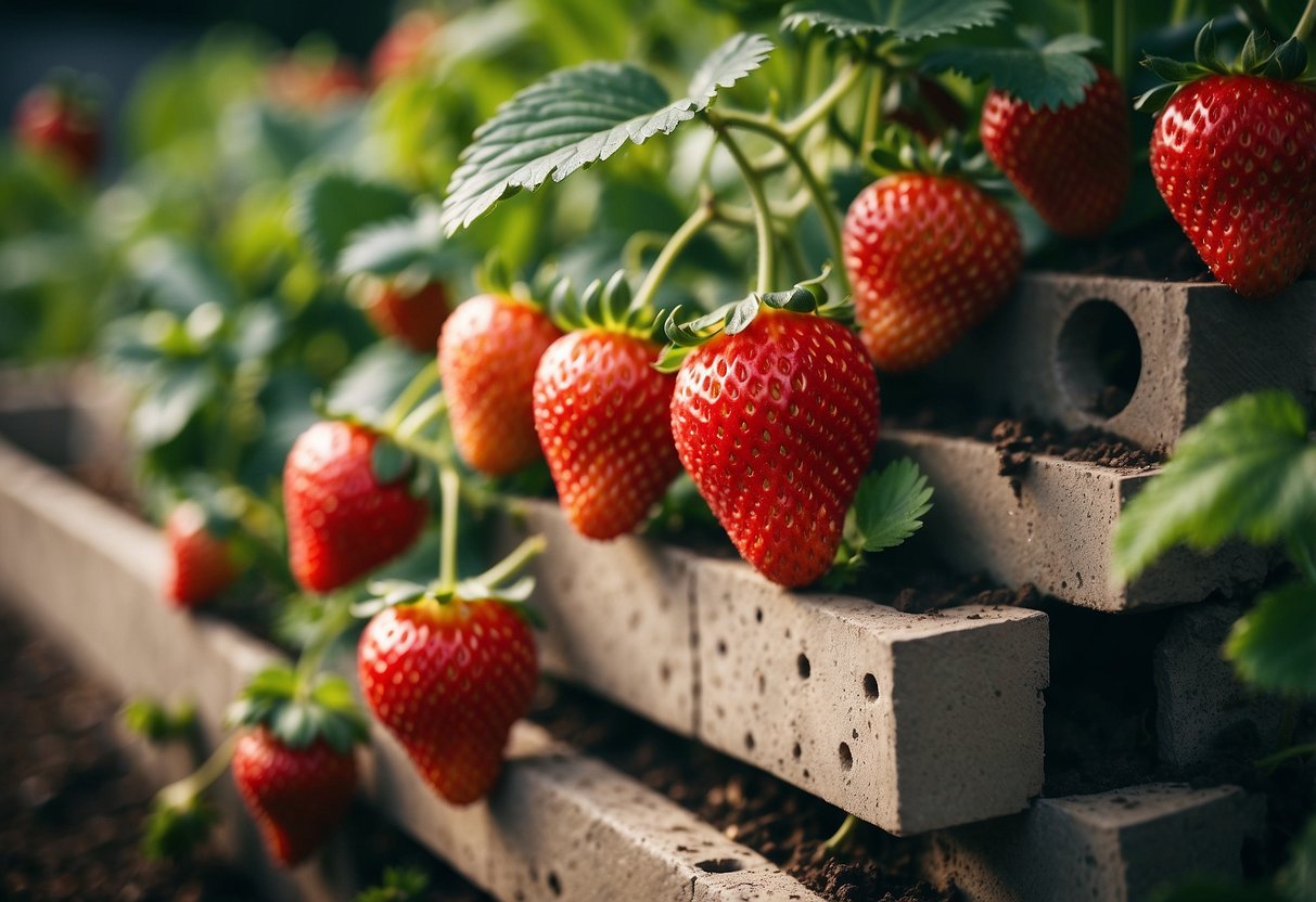 A multi-level strawberry planter with cinder blocks, filled with lush green plants and ripe red strawberries