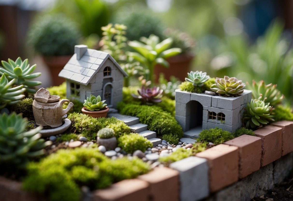 A cinder block fairy garden with moss-covered blocks, tiny succulents, and miniature fairy houses nestled among the plants