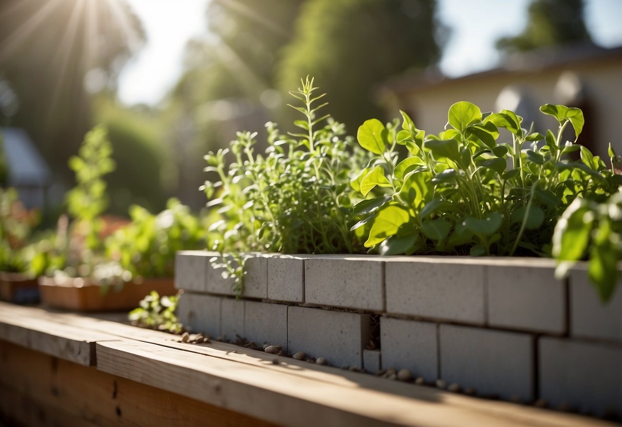 A cinder block raised garden bed overflows with fresh herbs in a sun-drenched kitchen garden