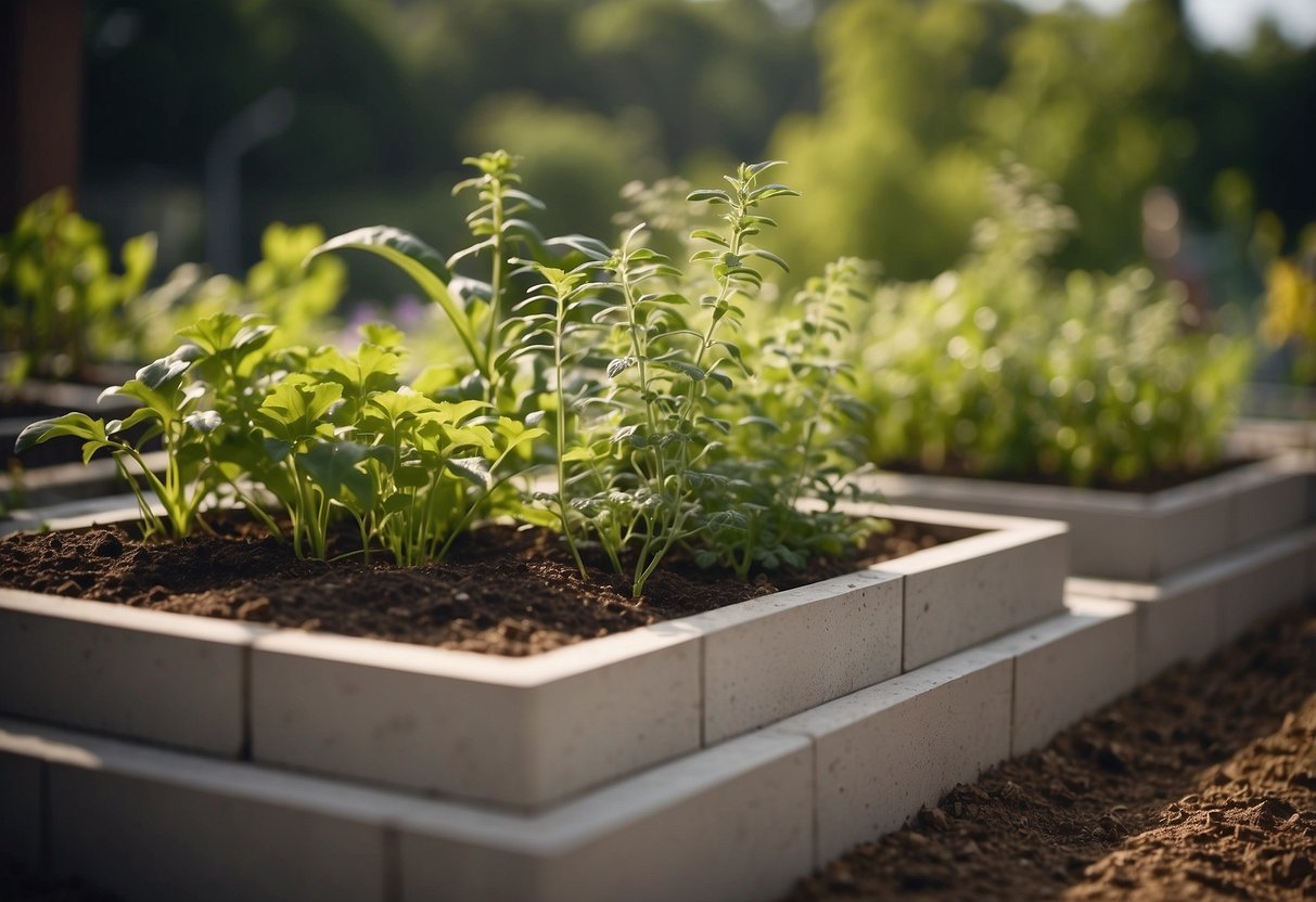 A spiral cinder block bed forms a raised garden, with plants growing in each opening