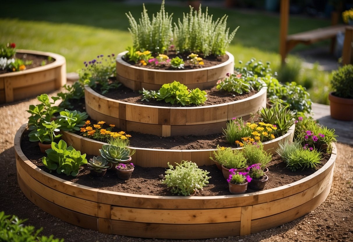 A series of tiered wooden planters arranged in a circular formation, filled with various plants and flowers, creating a visually appealing raised garden bed