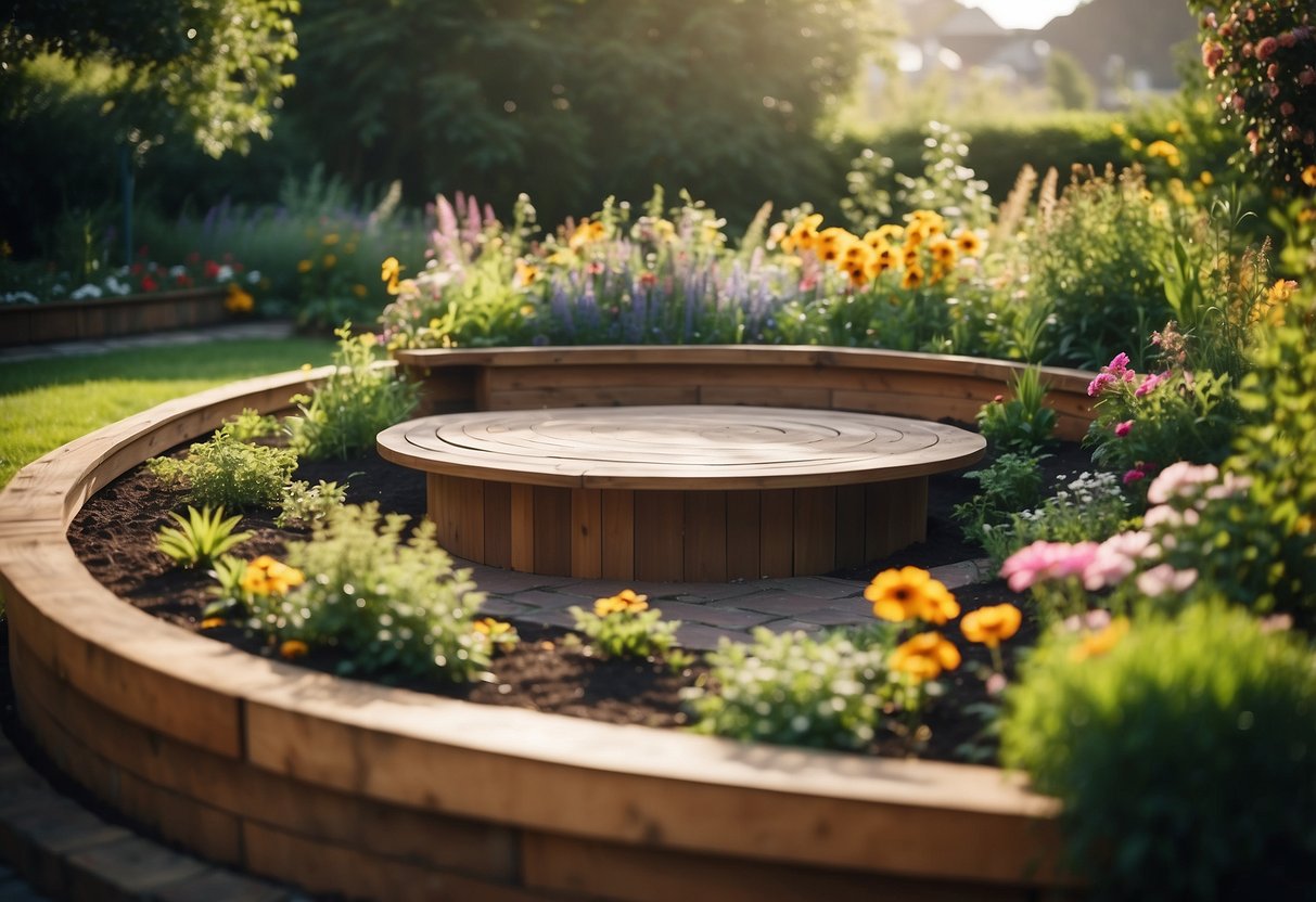 A circular raised garden bed with a built-in bench, surrounded by lush greenery and colorful flowers