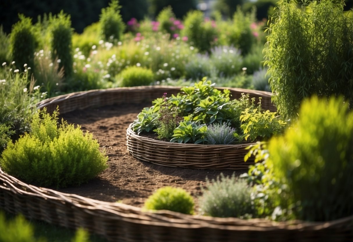 A circular raised garden bed made of woven willow branches, filled with rich soil and vibrant green plants, surrounded by a lush garden