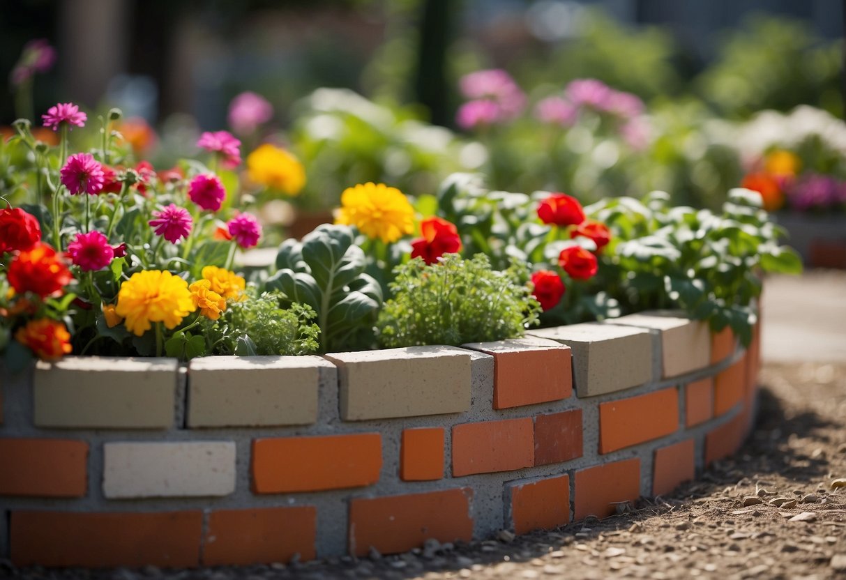 A circular raised garden bed made of colorful cinder blocks, filled with vibrant flowers and vegetables