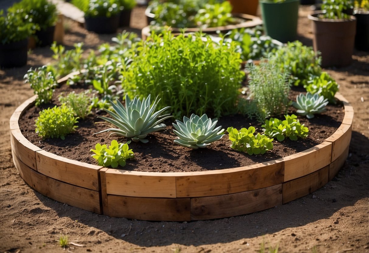 A circular raised garden bed made of reclaimed wood, filled with rich soil and thriving plants