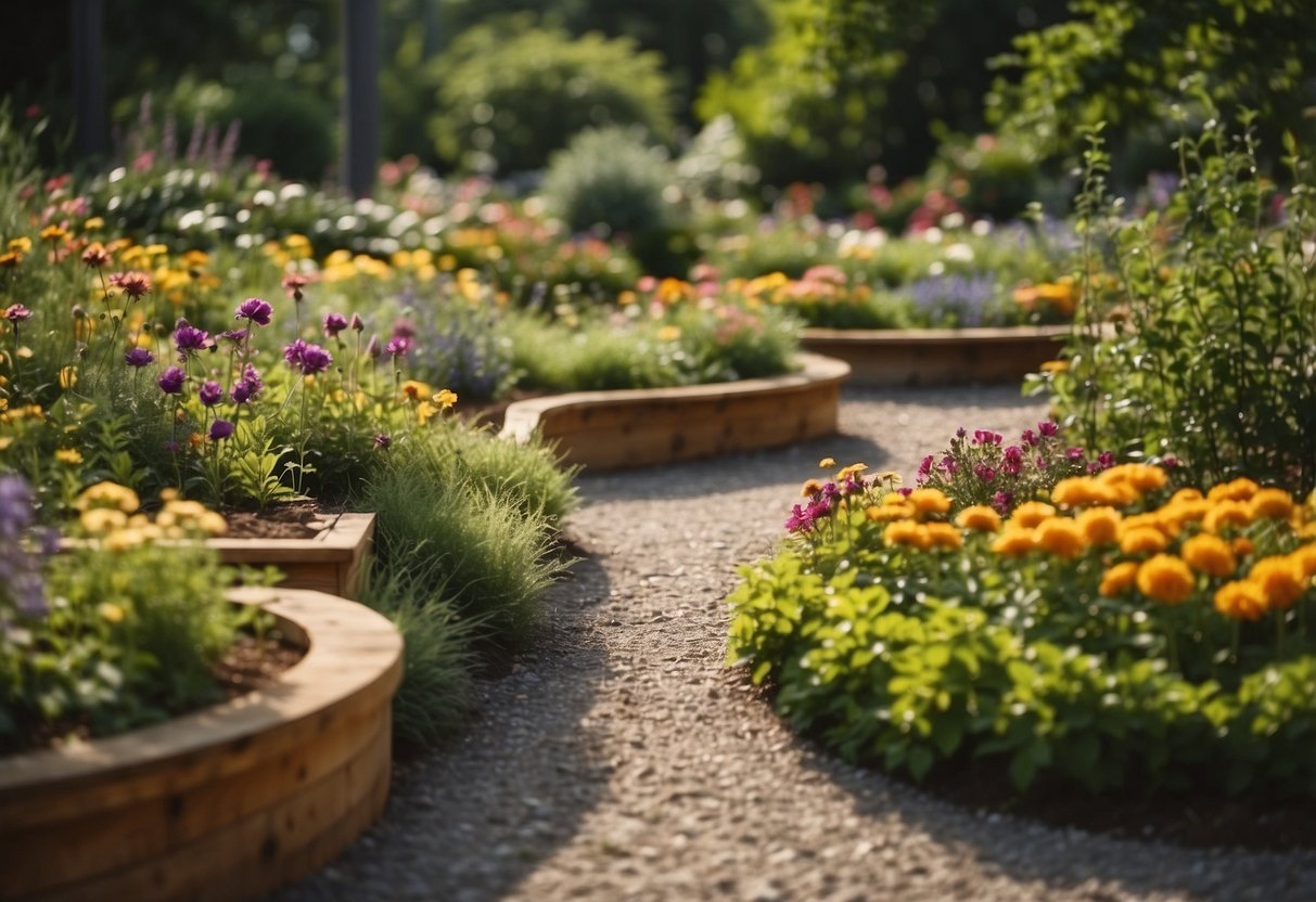 Circular raised garden beds filled with vibrant flowers and lush greenery, surrounded by a well-maintained garden path and accompanied by a cozy seating area for relaxation