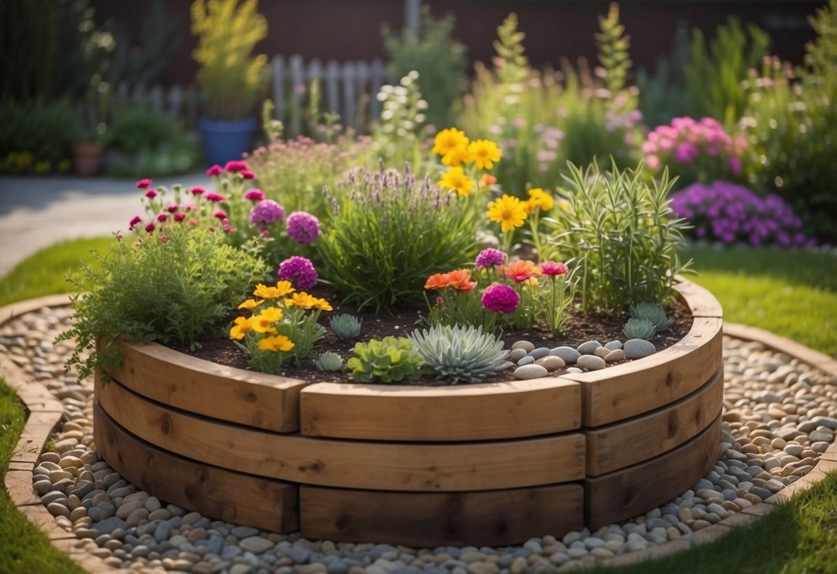 A circular raised garden bed with colorful flowers and herbs, surrounded by a low picket fence and stepping stones