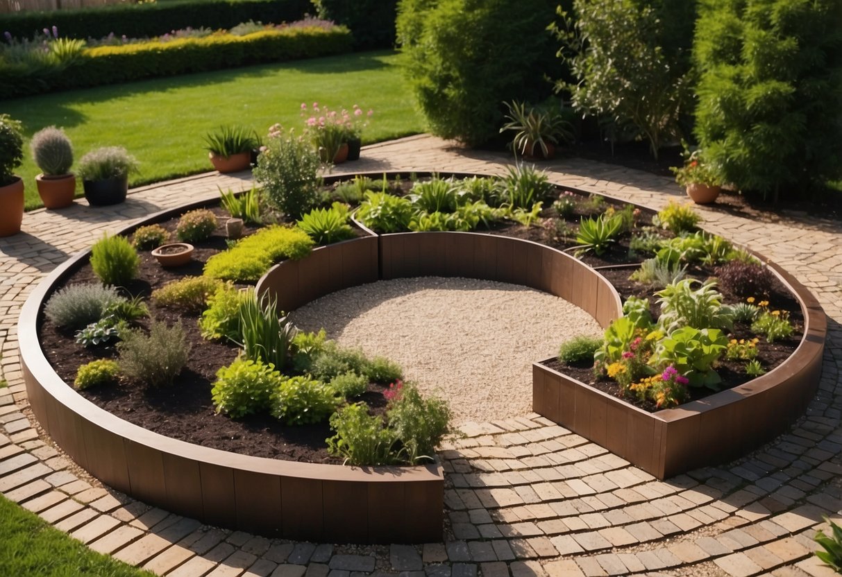 A circular raised garden bed with various plant types, surrounded by a neatly trimmed lawn. A small pathway leads to the garden bed, with gardening tools neatly stored nearby