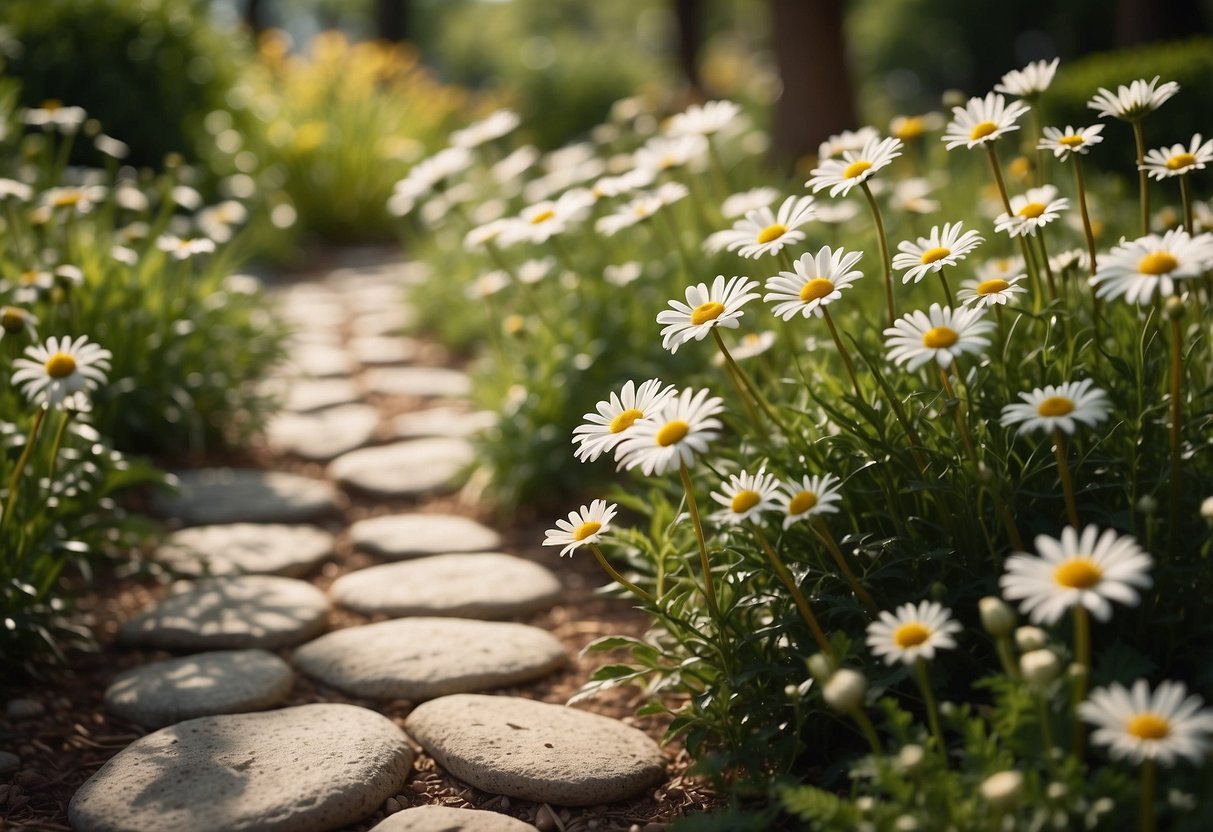 A stone pathway winds through a lush garden of shasta daisies, creating a serene and inviting atmosphere