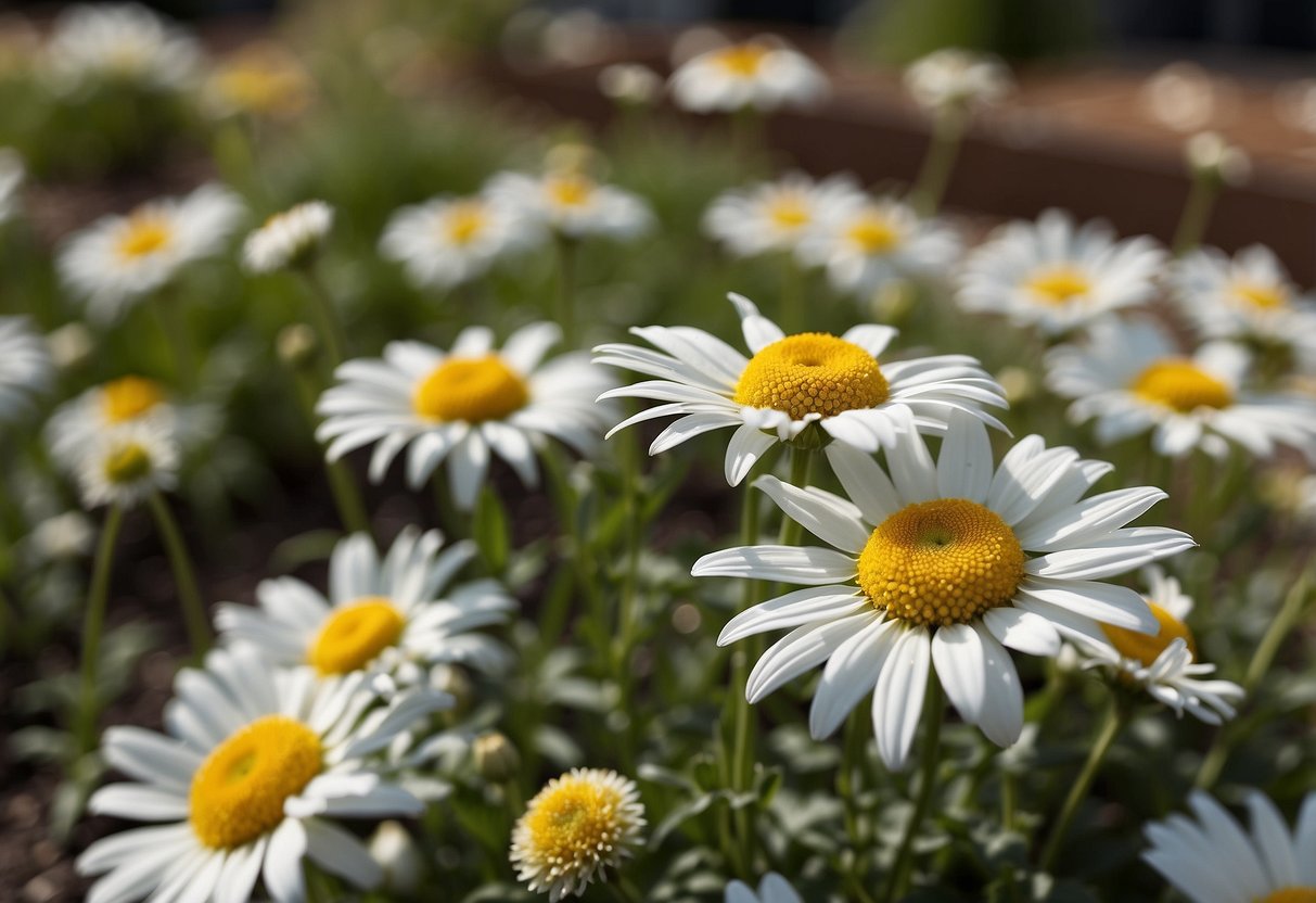 Shasta daisies bloom in raised beds, adding elevation to the garden landscape