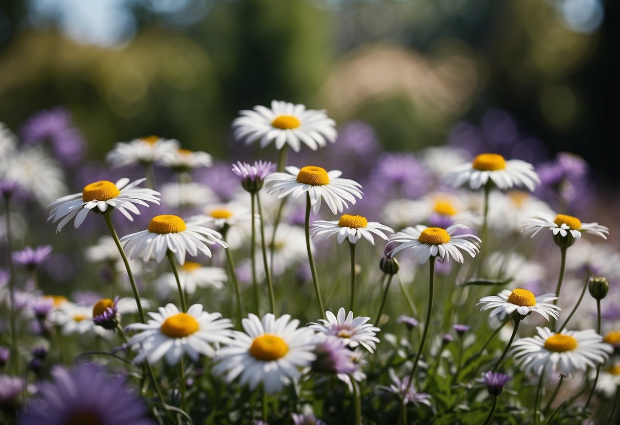 A garden filled with vibrant shasta daisies, accented by the soft hues of lavender for a striking contrast