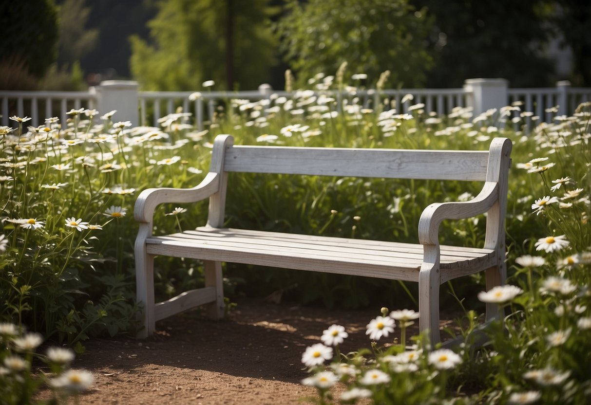 A garden bench surrounded by shasta daisies, with a path leading to it and a trellis with climbing flowers in the background