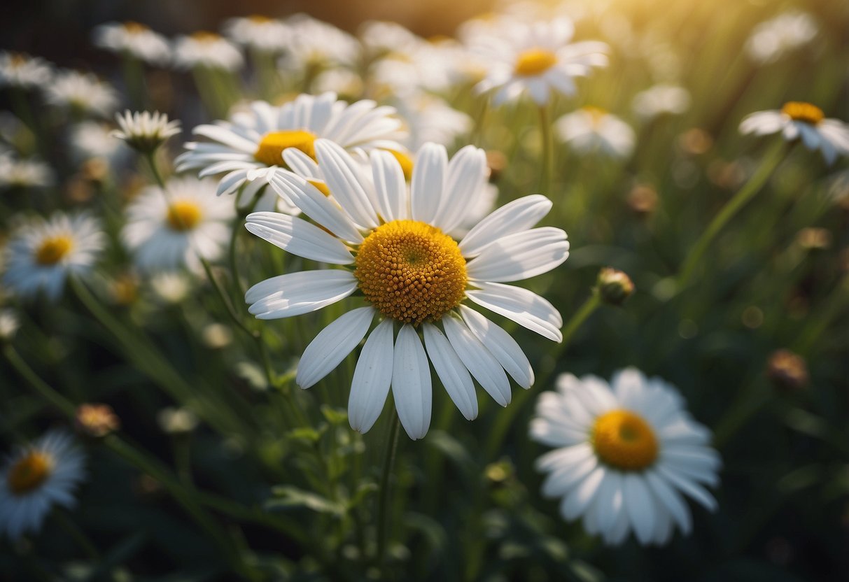 Shasta daisies mingle with ornamental grasses in a garden, creating a picturesque scene for an illustrator to recreate