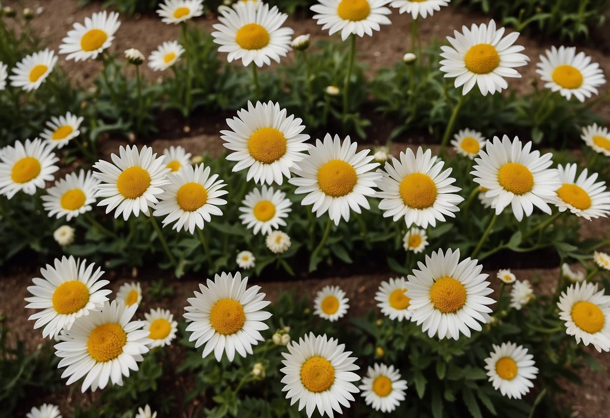 Aerial view of symmetrical edge walkways lined with shasta daisies in a well-maintained garden setting