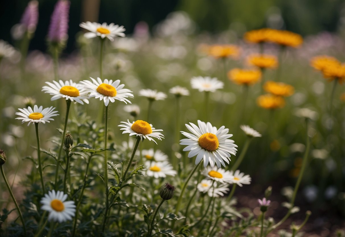 A colorful border of wildflowers surrounds a vibrant shasta daisy garden