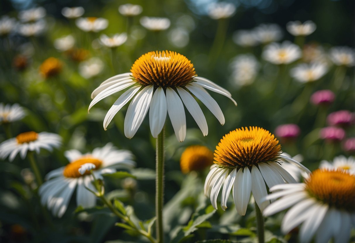 A pair of coneflowers and shasta daisies stand tall in a vibrant garden, surrounded by lush greenery and colorful blooms