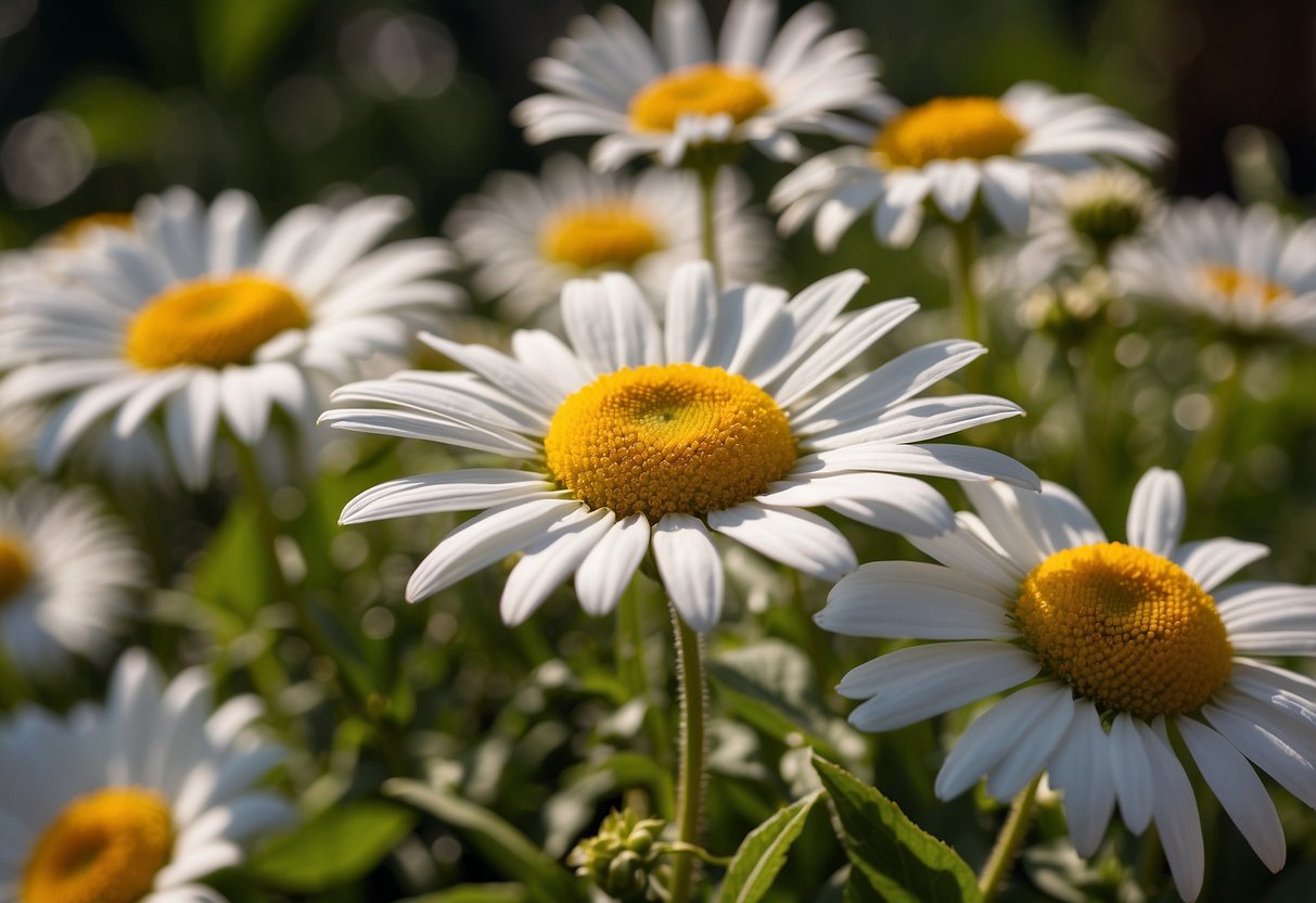 A colorful array of shasta daisies bloom in a dedicated garden, surrounded by lush green foliage and bathed in the warm glow of the sun