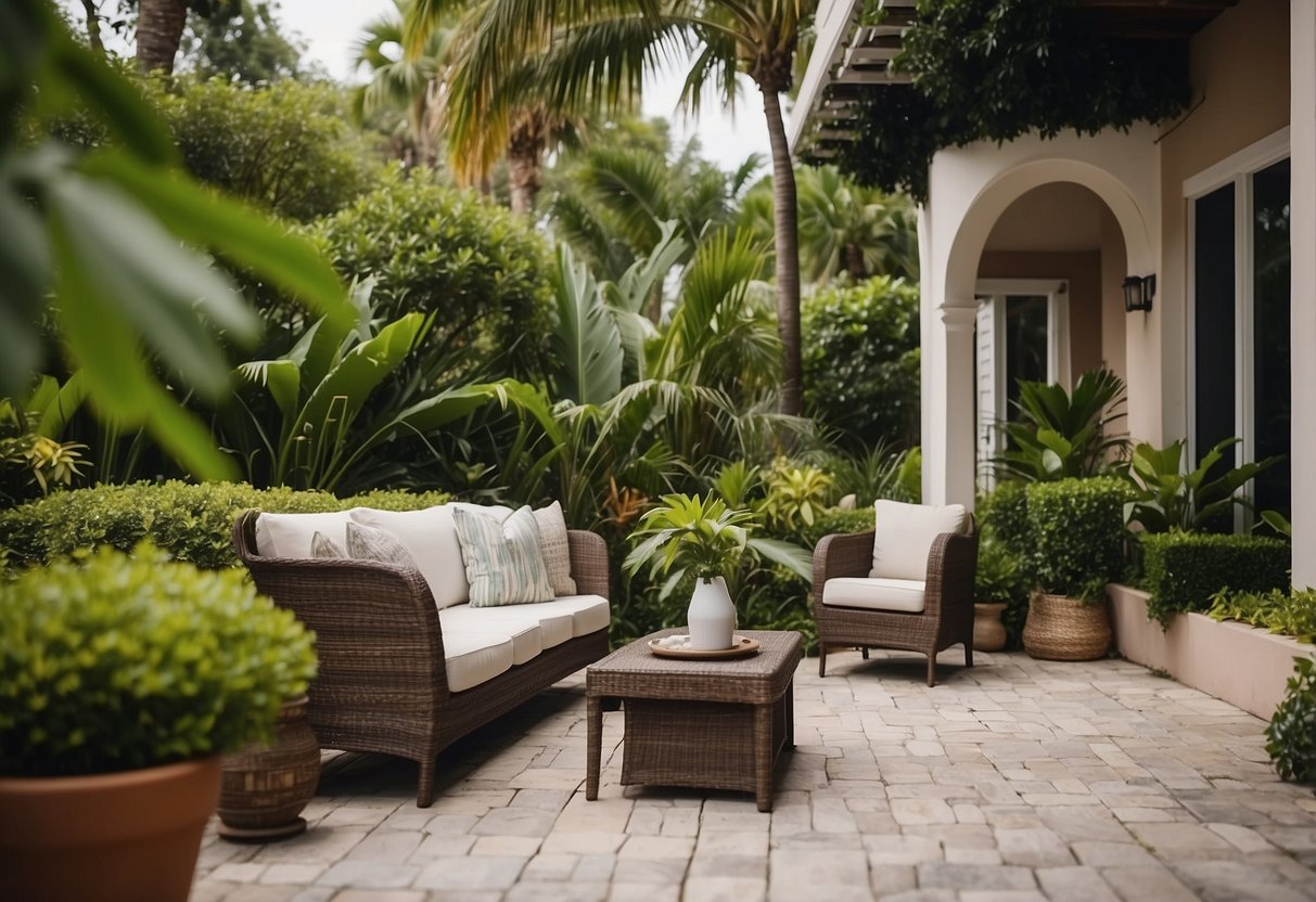 A cozy outdoor seating area with weather-resistant furniture surrounded by lush greenery in a Florida front garden