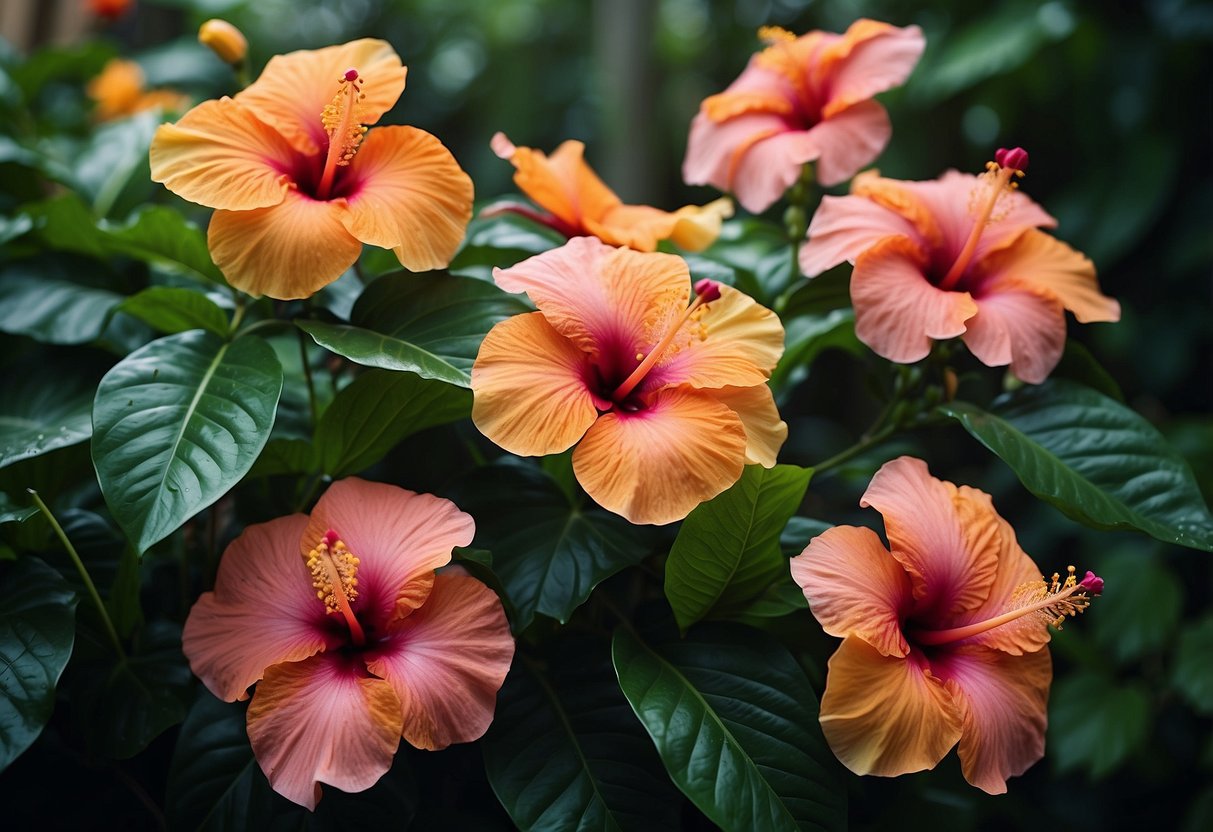 Vibrant hibiscus flowers bloom among lush tropical foliage in a front garden, creating a colorful and exotic landscape