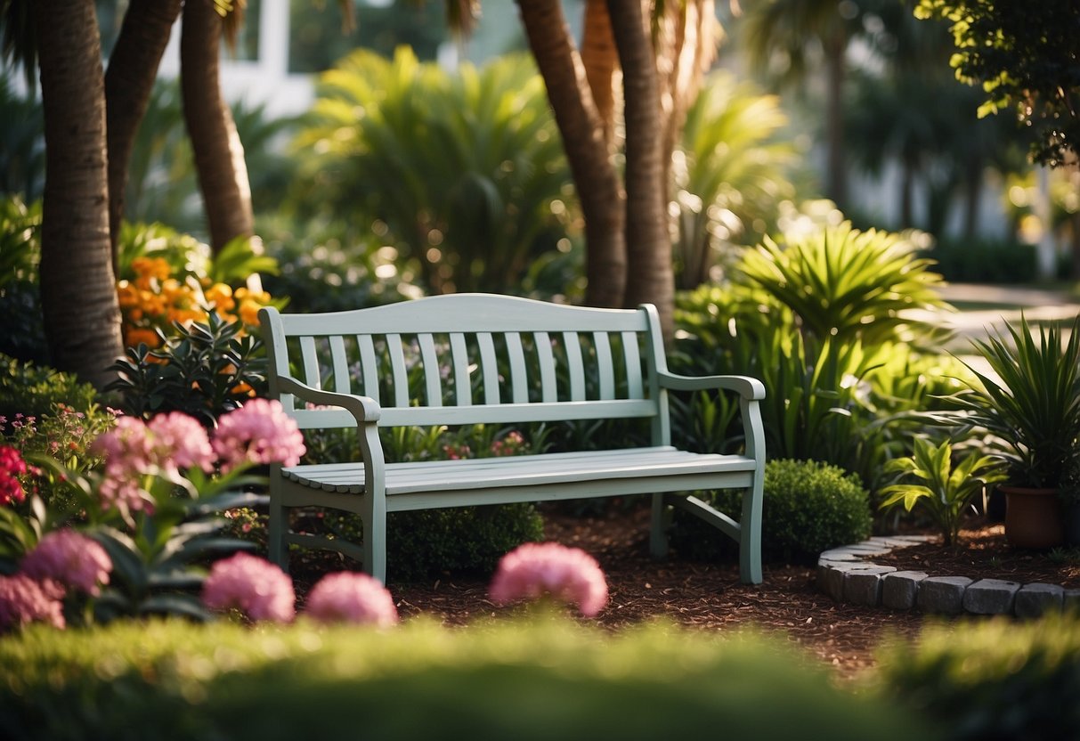 A cozy garden bench sits nestled among lush greenery in a Florida front garden, with colorful flowers and plants adding a vibrant touch to the serene setting