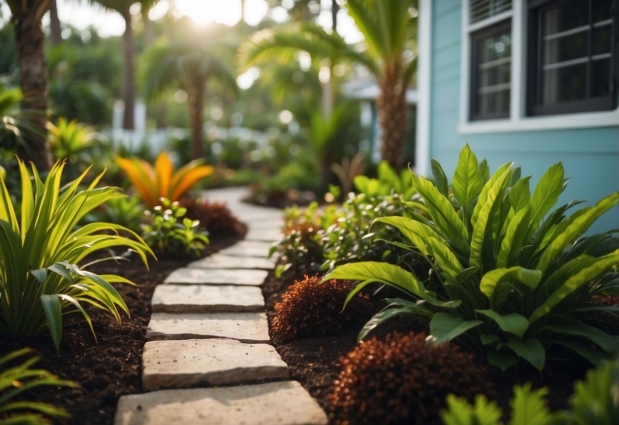 A lush front garden in Florida, filled with organic mulch and natural materials. Rich, earthy tones and vibrant greenery create a welcoming and sustainable landscape