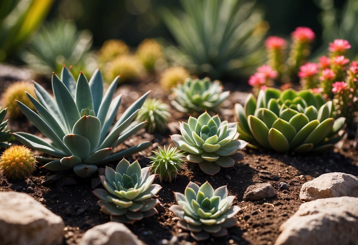 A rocky garden bed in Florida, filled with various succulent plants and cacti, arranged in a natural and aesthetically pleasing manner