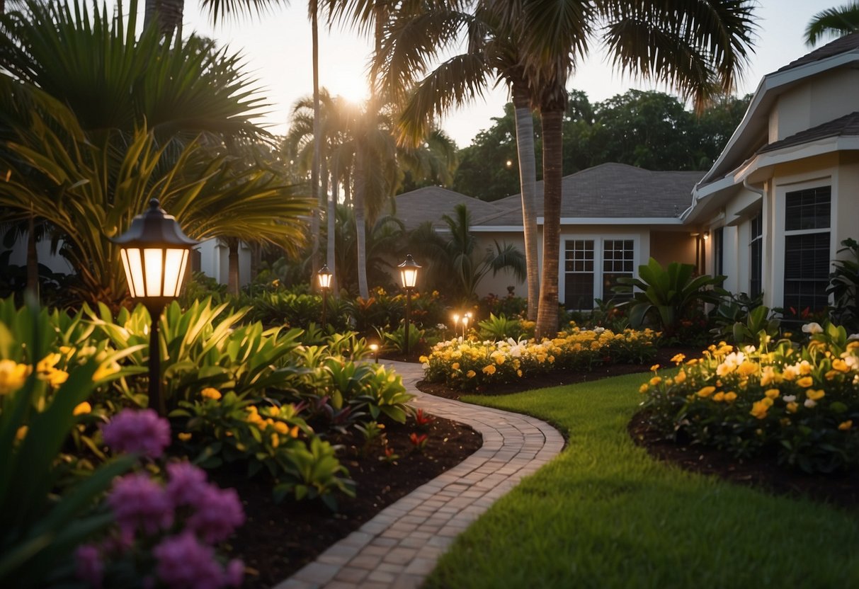 A Florida front garden with strategically placed lighting fixtures illuminating the lush greenery and vibrant flowers, creating a warm and inviting atmosphere