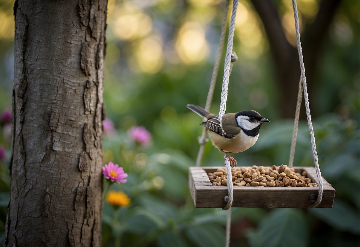 An old wooden ladder repurposed as a bird feeder hanger in a garden setting