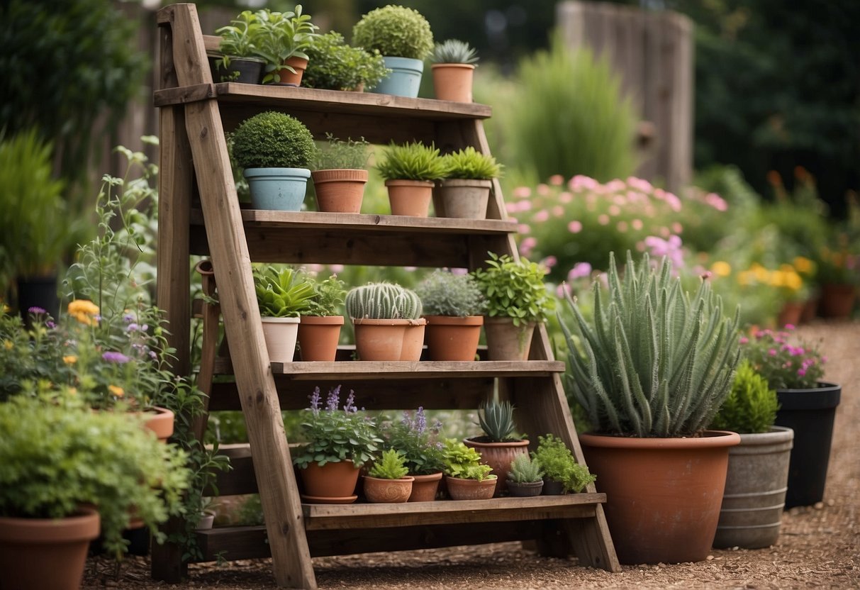 An old wooden ladder repurposed into an outdoor bookshelf, adorned with potted plants and garden decor, creating a charming and rustic garden display