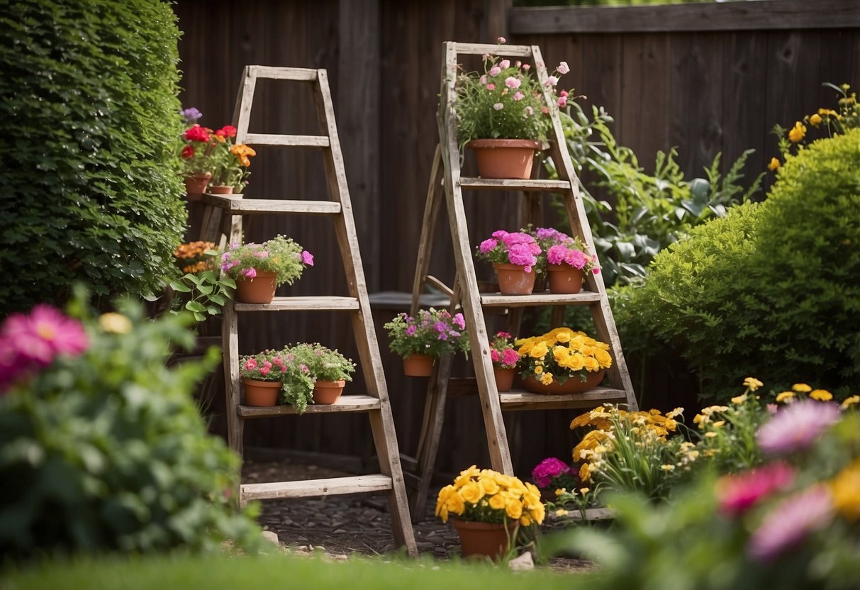 An old wooden ladder adorned with a display of vibrant flower baskets in a garden setting