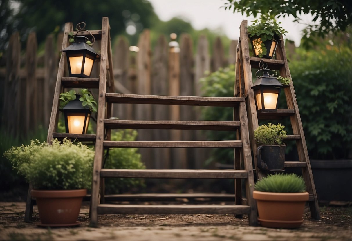 An old wooden ladder adorned with vintage lighting stands in a garden, adding a rustic and whimsical touch to the outdoor space