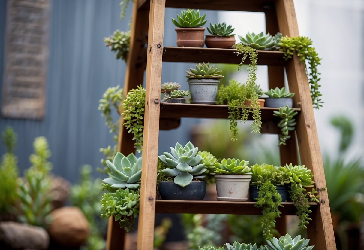 An old wooden ladder adorned with various succulents, creating a charming vertical garden display