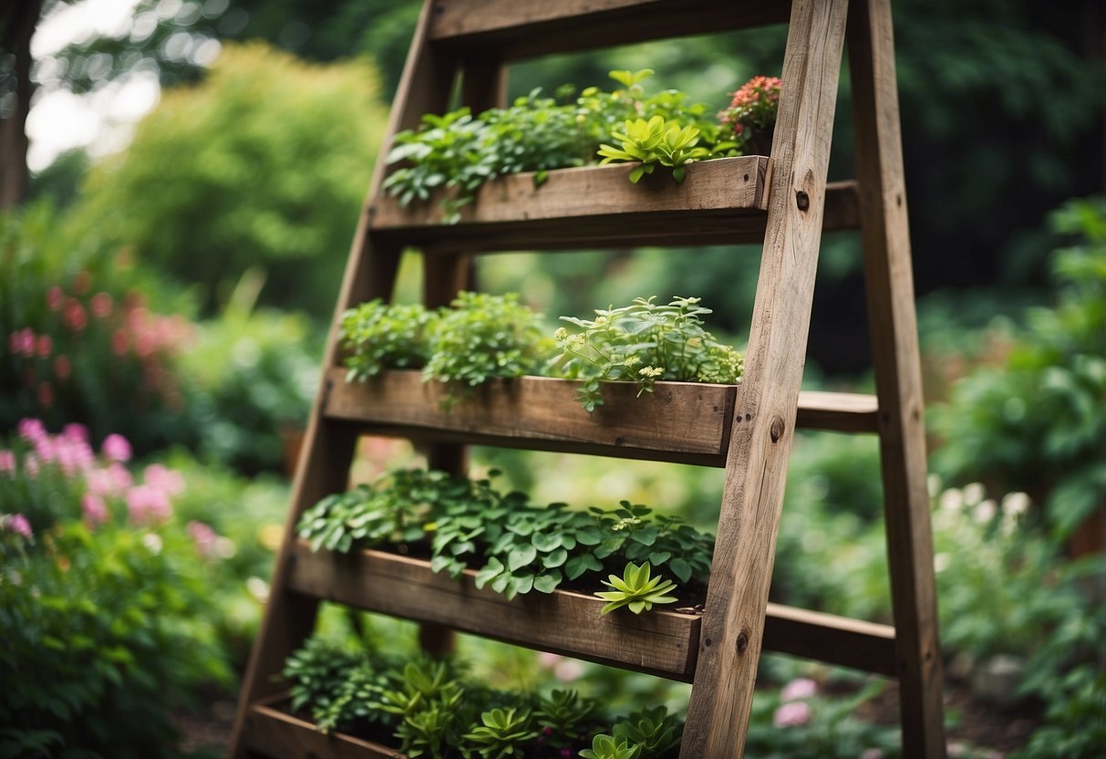 An old wooden ladder repurposed as a hanging planter rack in a lush garden setting