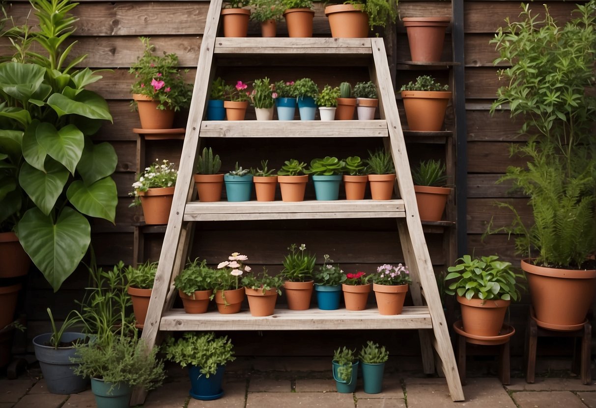 An old wooden ladder repurposed as a garden tool organizer, with various tools hanging from the rungs and pots of plants displayed on the steps