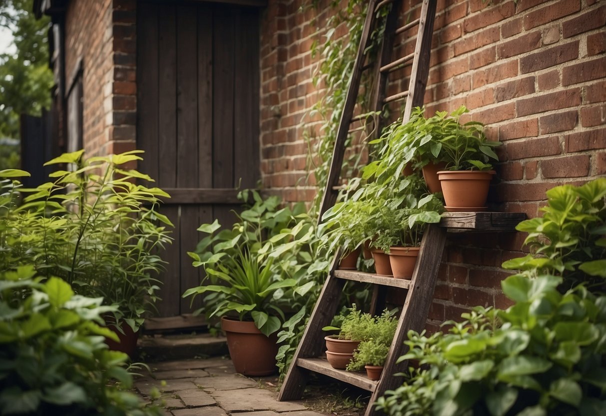 An old wooden ladder leans against a weathered brick wall in a lush garden, adorned with potted plants and trailing vines