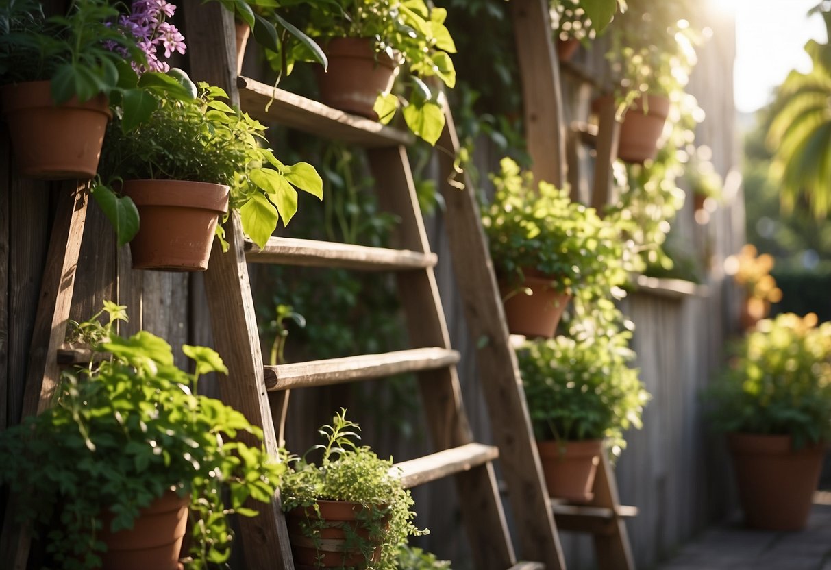 A wooden ladder leans against a garden fence, adorned with potted plants and hanging baskets. Sunlight filters through the foliage, casting dappled shadows on the weathered rungs