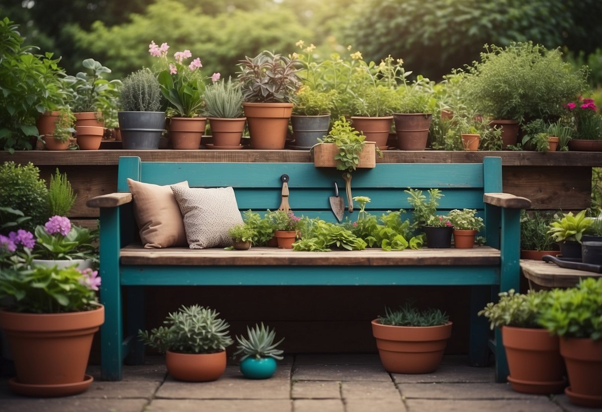 A sturdy garden bench made from an upcycled door, surrounded by potted plants and gardening tools