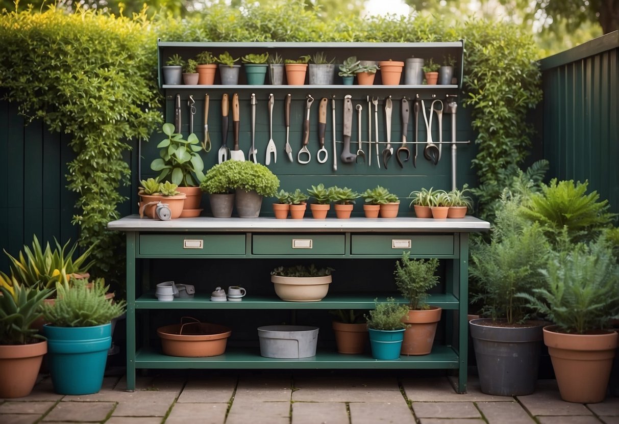 A sturdy metal workbench sits in a garden, surrounded by tools and potted plants. The bench is compact and well-organized, with shelves and hooks for storage