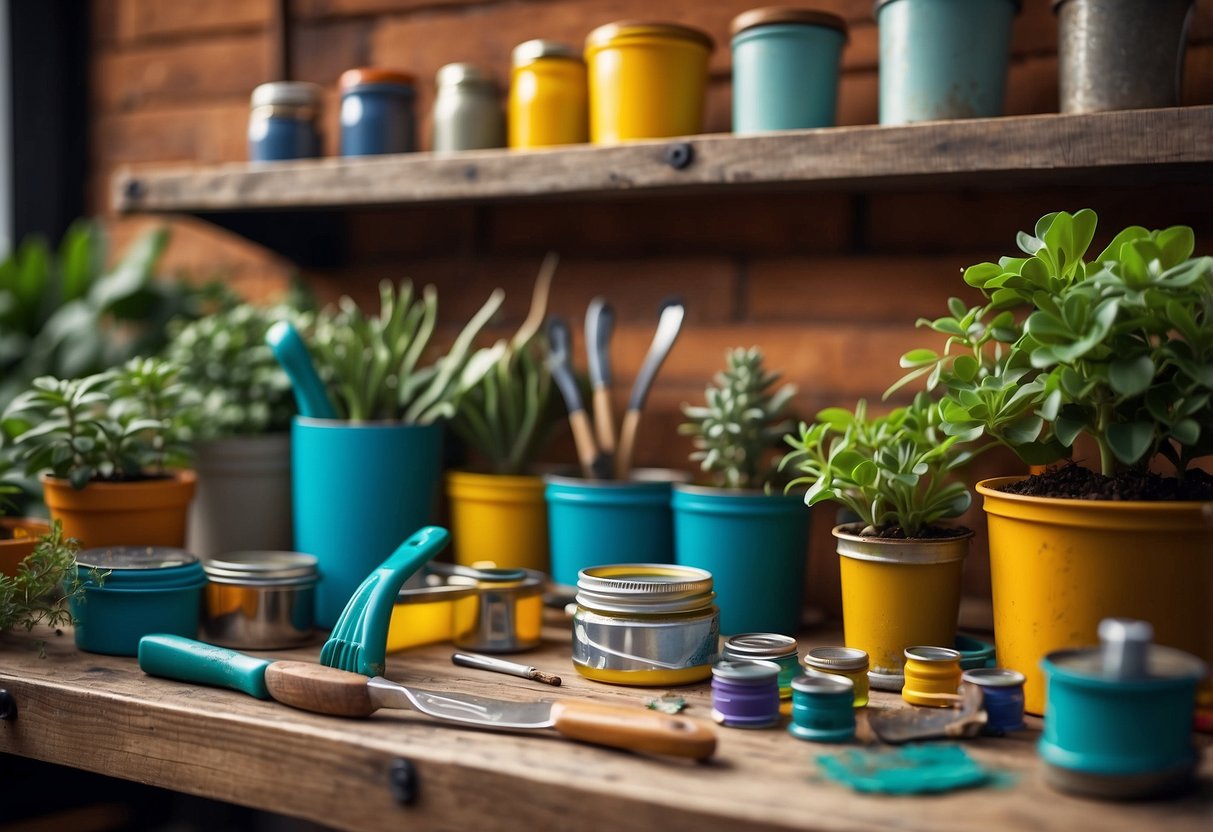 A colorful workbench with potted plants, tools, and paint cans arranged in a vibrant and artistic manner