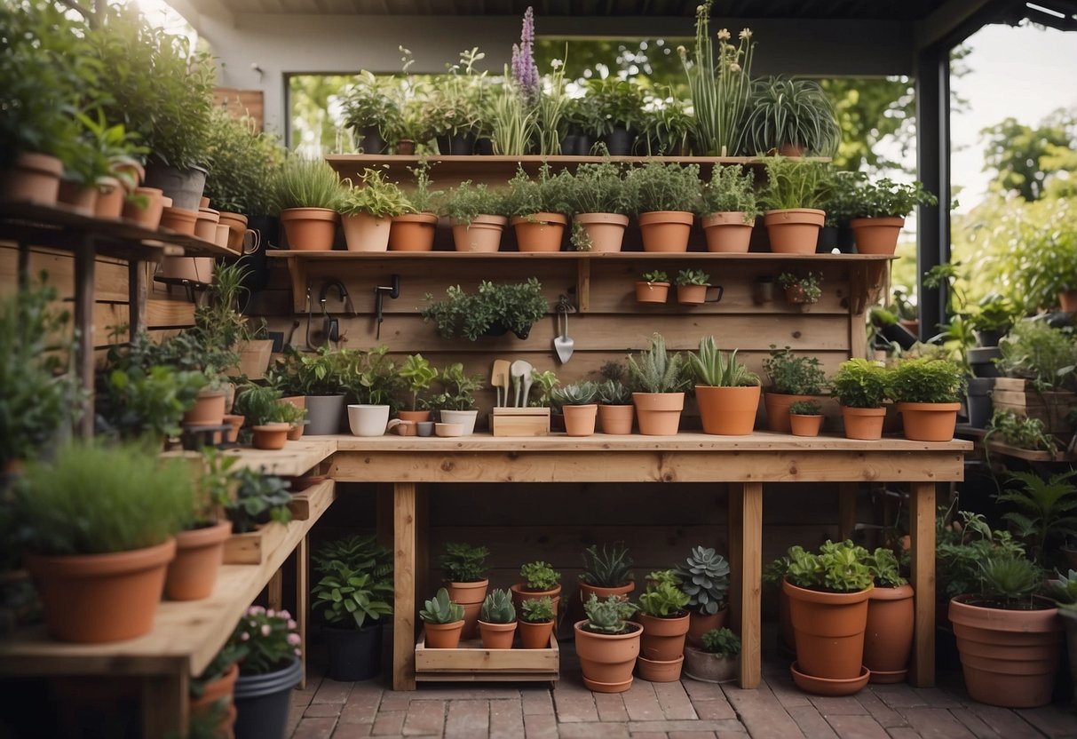 A multi-level gardening station with various work benches, tools, and potted plants arranged neatly for easy access and organization