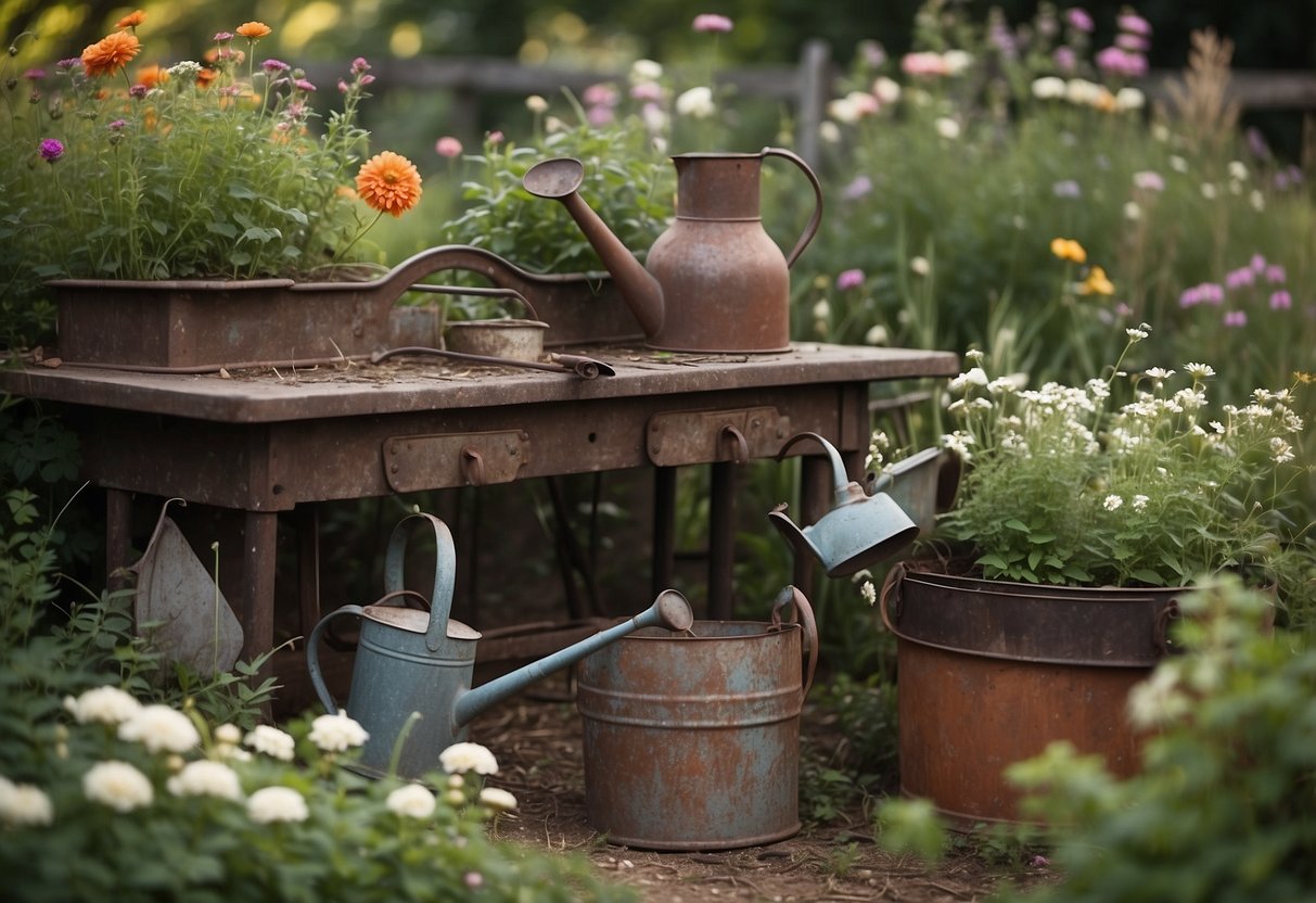 A vintage iron garden workbench sits among overgrown flowers and tools, with a rusted watering can and a pair of gardening gloves resting on the surface