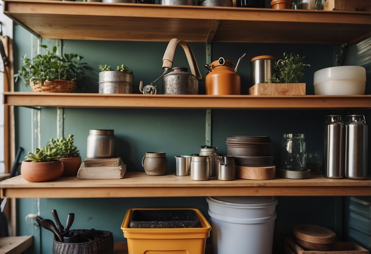 A variety of materials such as wood, metal, and plastic are displayed on shelves next to garden work benches