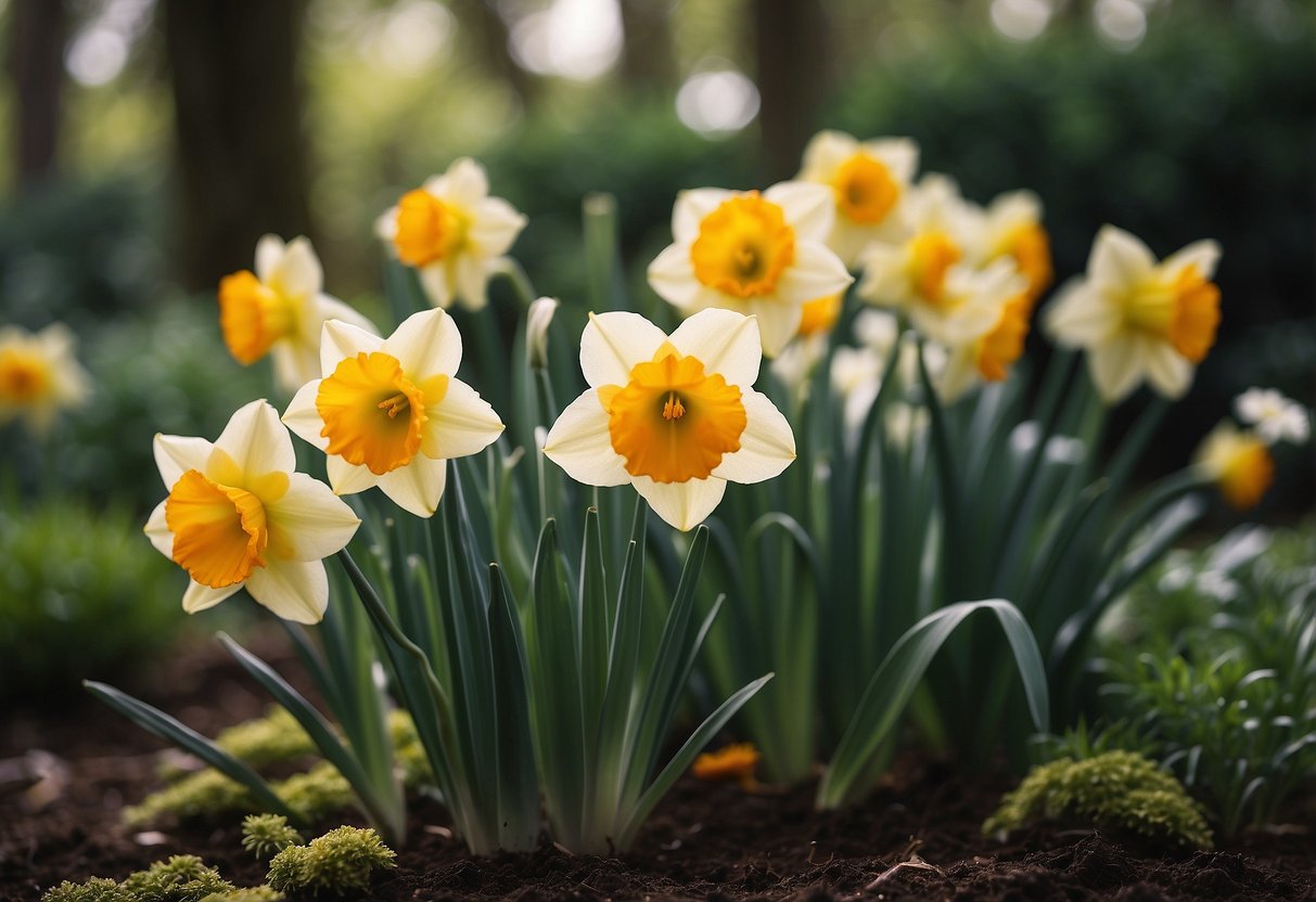 A vibrant daffodil garden bursts with yellow, white, and orange blooms, surrounded by lush green foliage