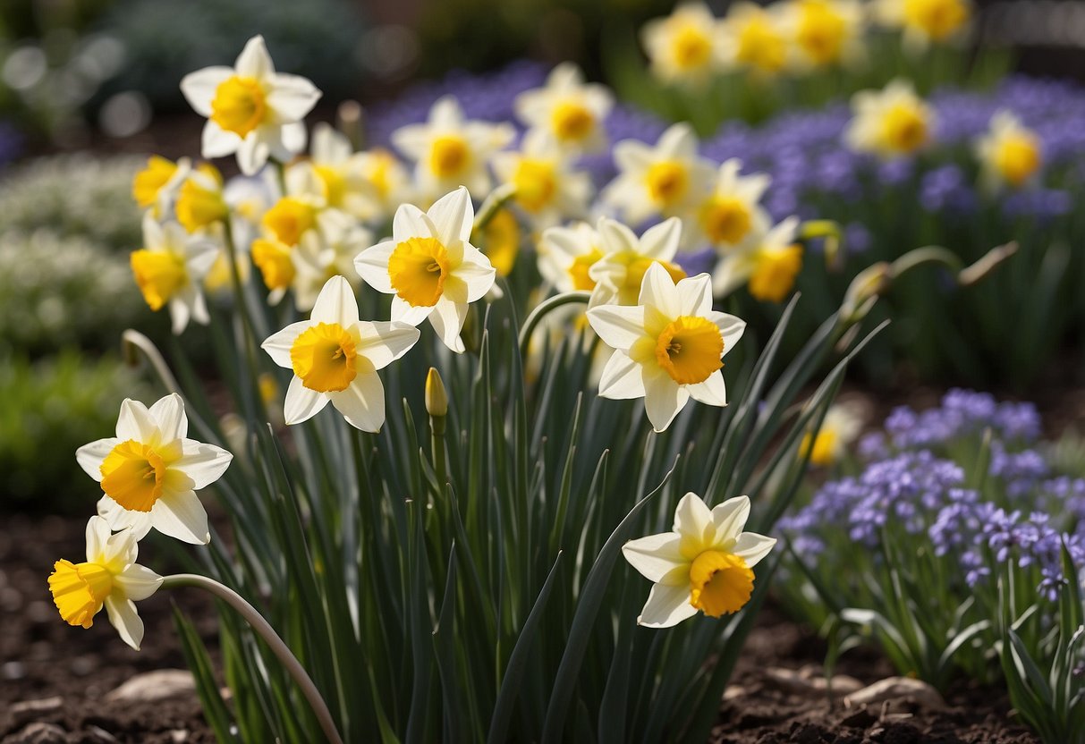 Daffodils intermingle with perennials in a layered garden bed, creating a vibrant and dynamic display of color and texture