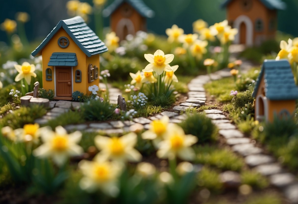 A fairy garden with daffodil-filled meadows, a winding path, and tiny fairy houses nestled among the flowers