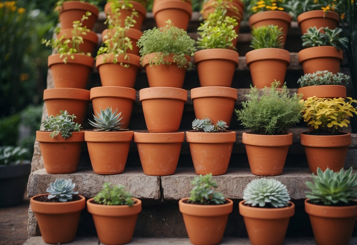 A vertical tower of terracotta pots stacked to create a DIY garden