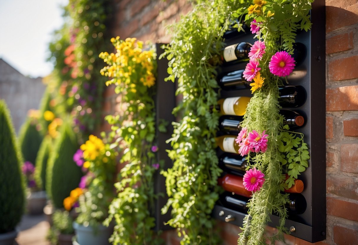 A vertical wine rack planter hangs on a sunny wall, filled with vibrant green herbs and colorful flowers. The DIY garden idea adds a touch of natural beauty to the space