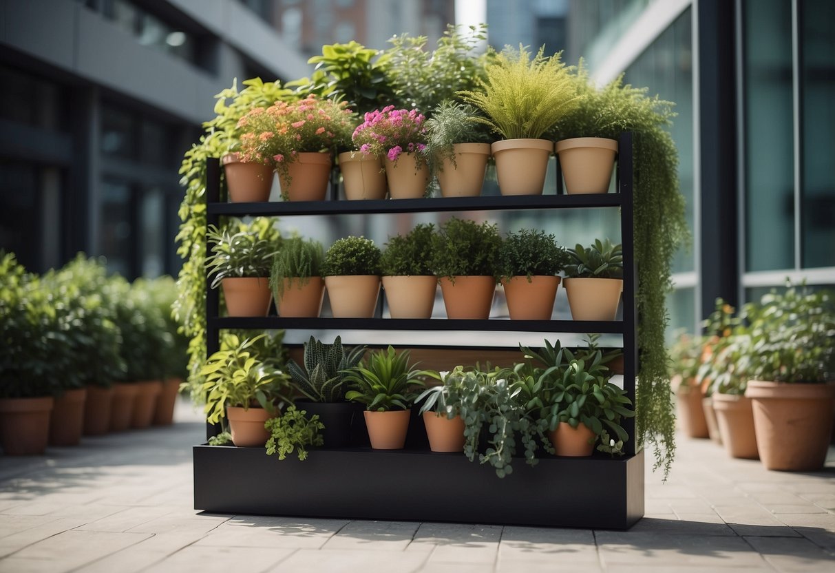 A freestanding vertical garden stand with various plants and flowers arranged in a DIY fashion