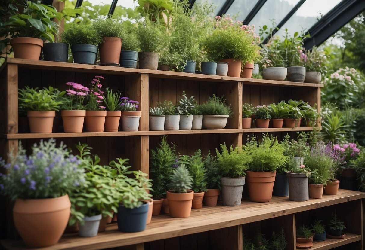 A tall wooden structure with multiple shelves holds various potted herbs, surrounded by lush greenery and vibrant flowers in a small English garden